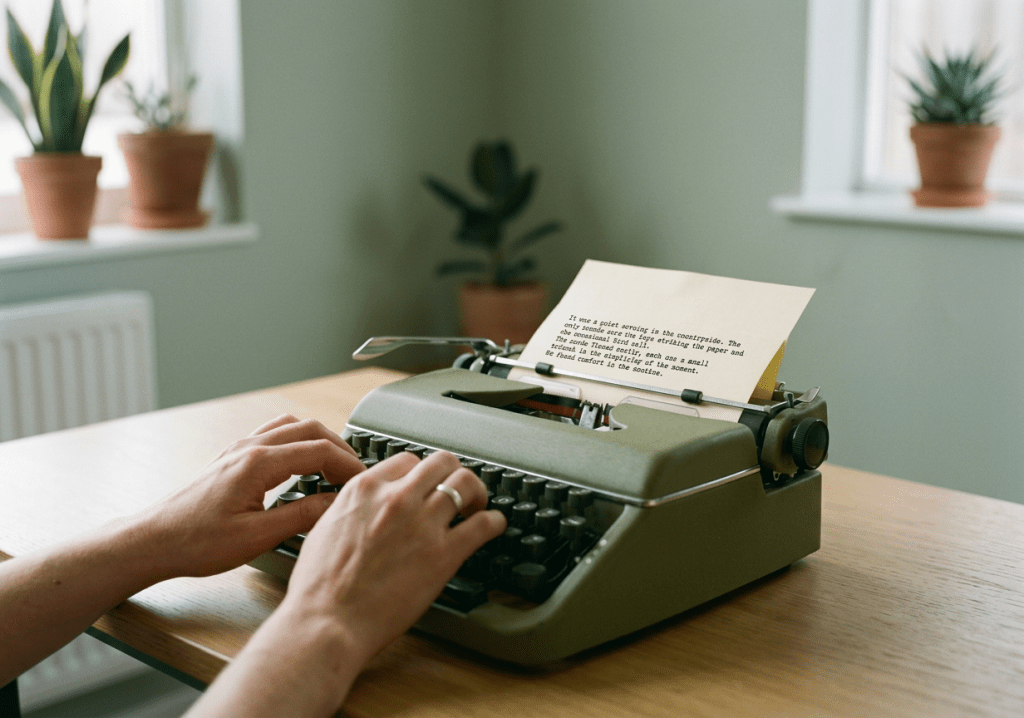 Person typing on a green vintage typewriter with paper